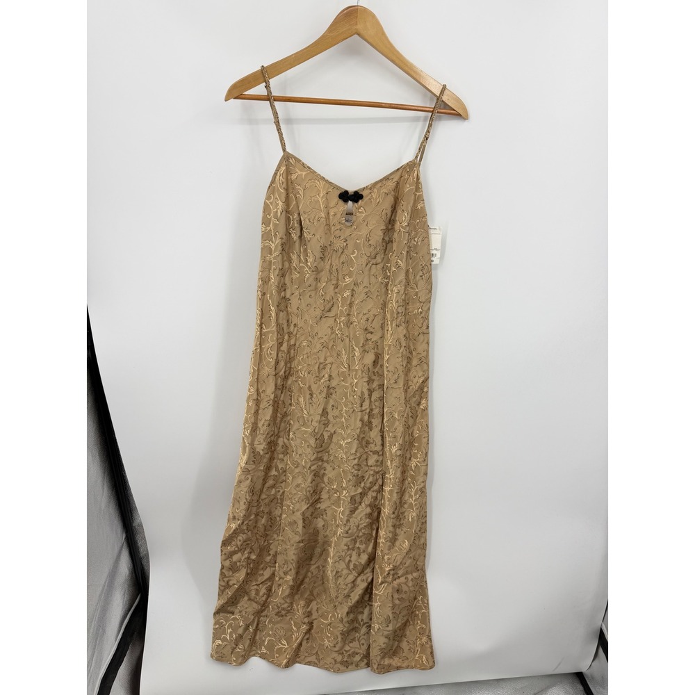 Delicates Jacquard Slip Dress Women Large Gold Floral Damask Frog Closure Midi
